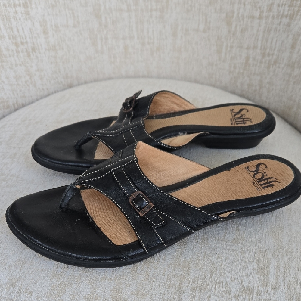 Sofft Women's Leather Black Toe-post Sandals, Size 6.5